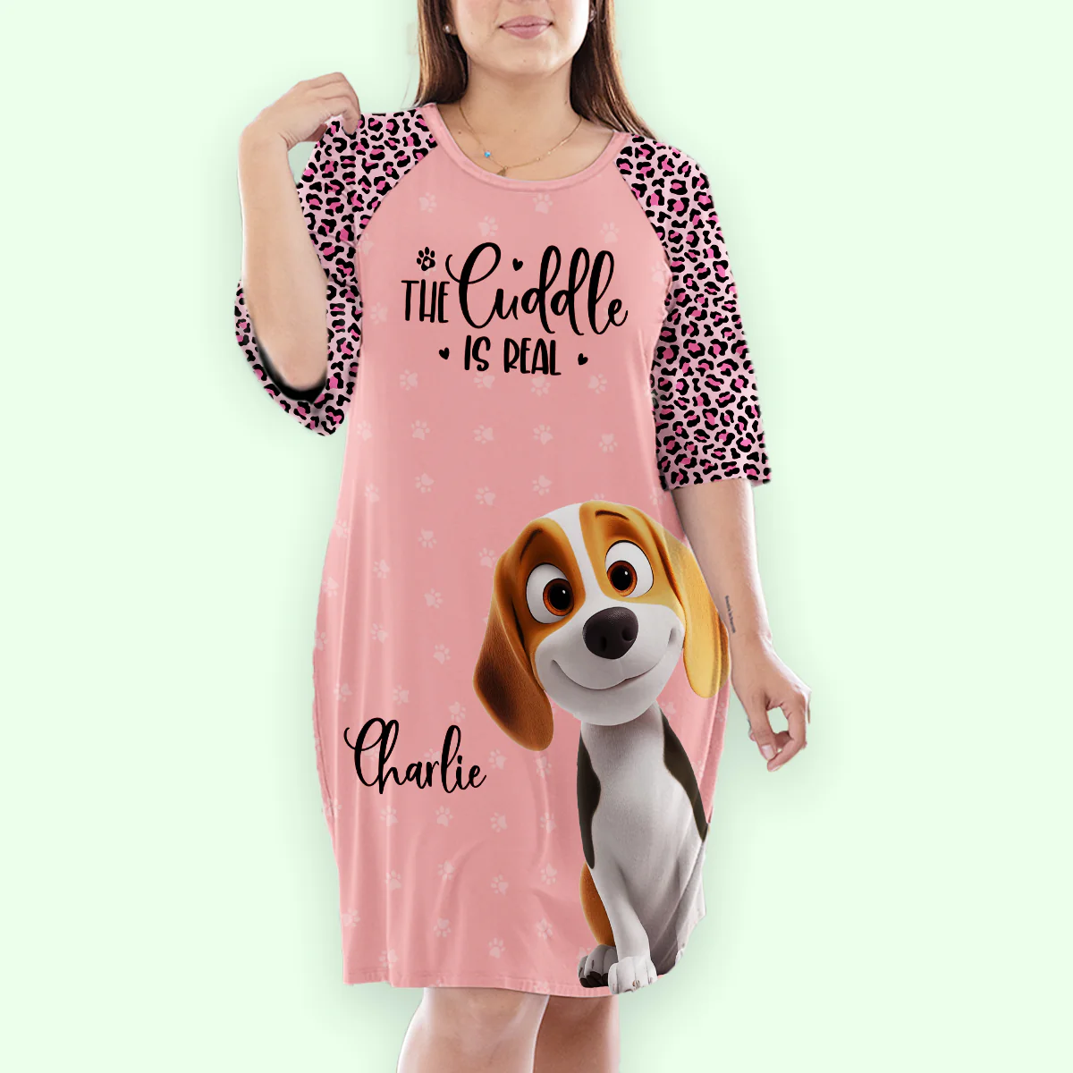 Pet Cartoon Snuggle - Personalized Custom 3/4 Sleeve Dress - Image 2