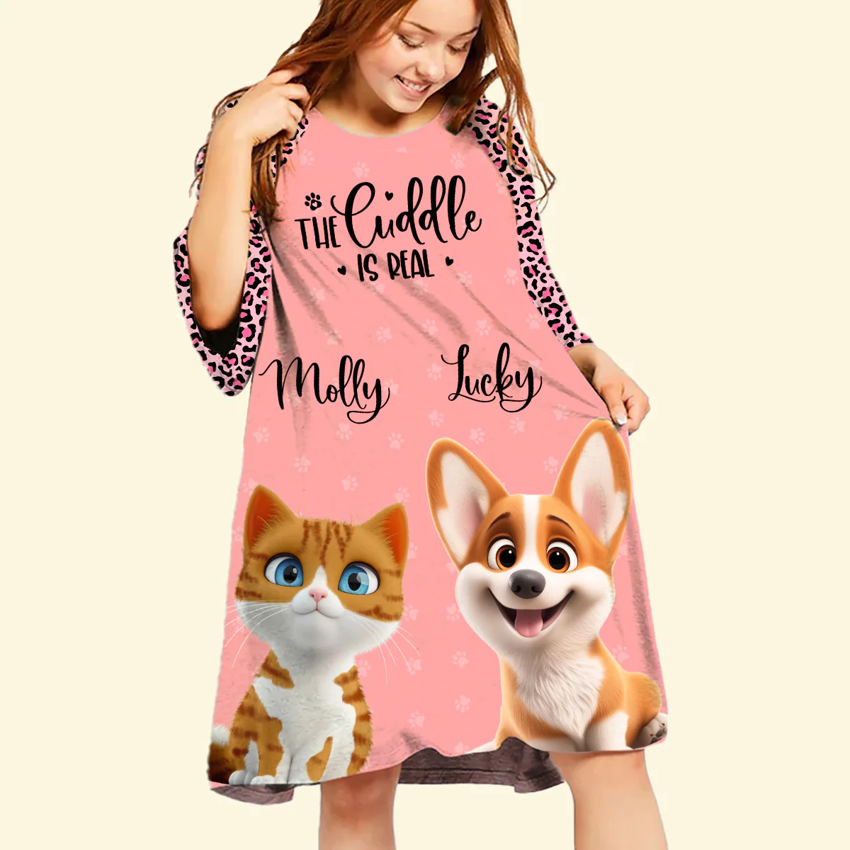 Pet Cartoon Snuggle - Personalized Custom 3/4 Sleeve Dress - Image 3