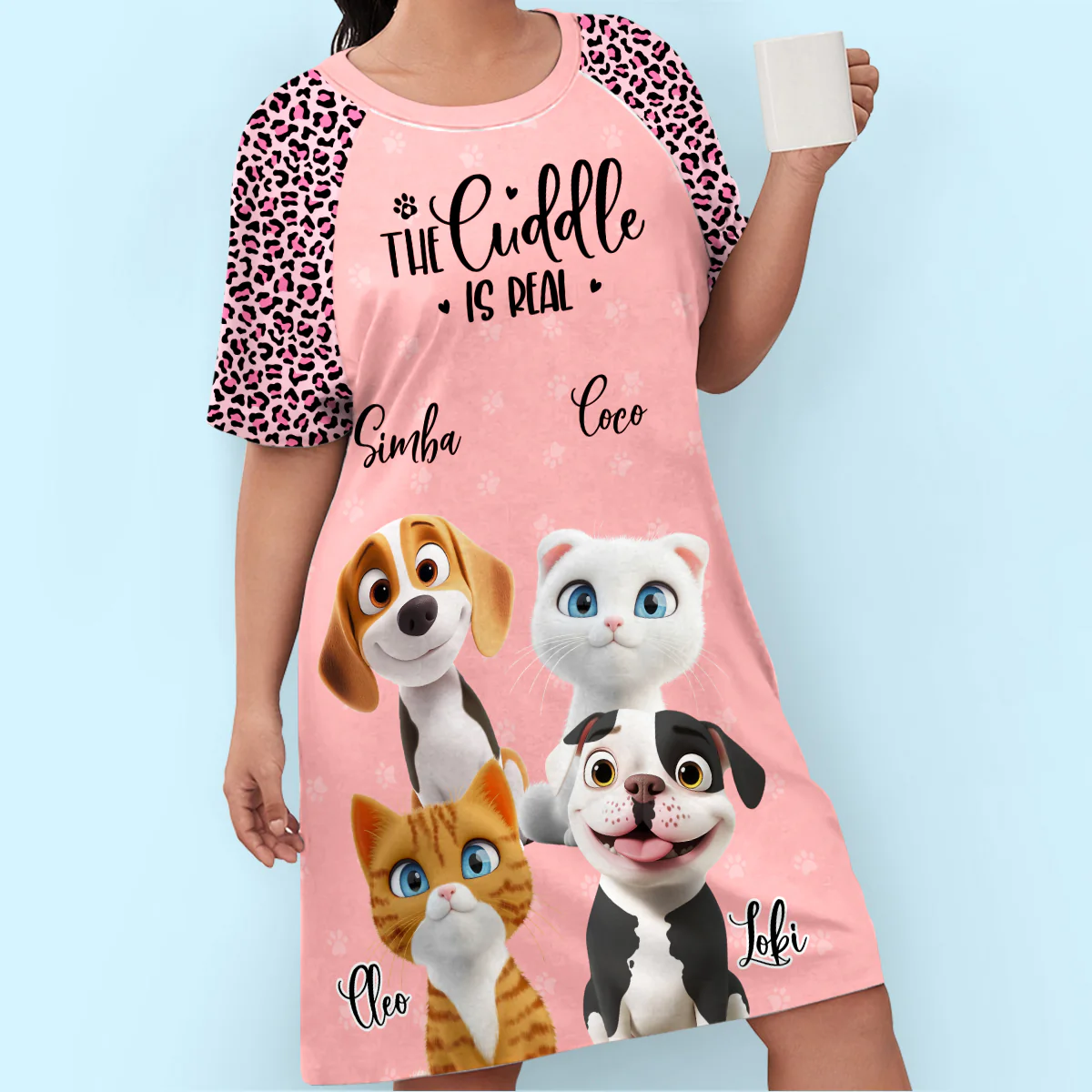 Pet Cartoon Snuggle - Personalized Custom 3/4 Sleeve Dress - Image 4