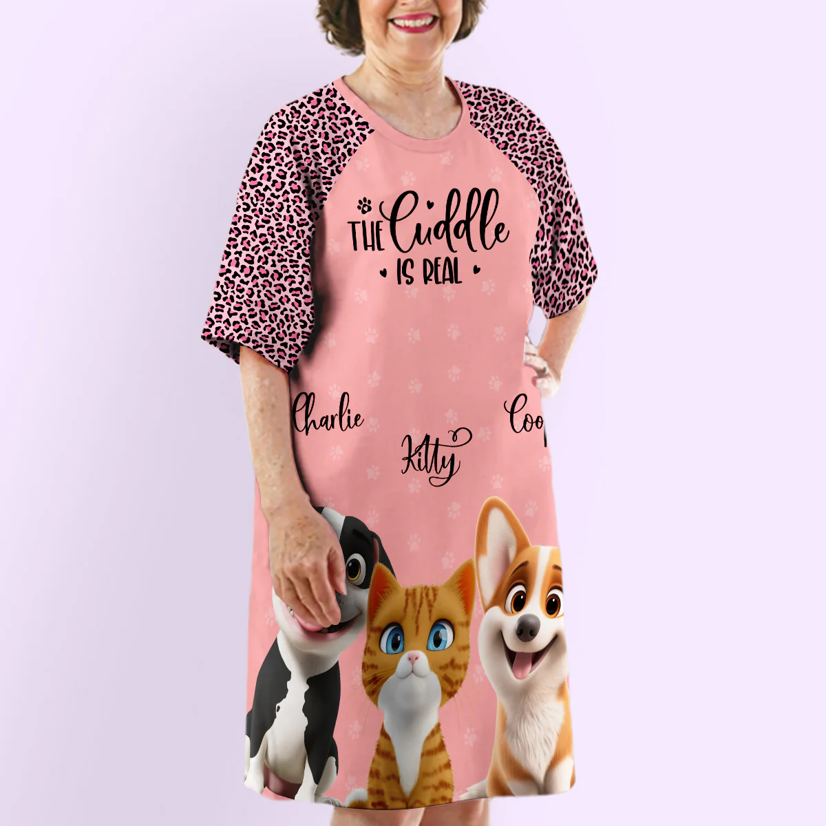 Pet Cartoon Snuggle - Personalized Custom 3/4 Sleeve Dress - Image 5