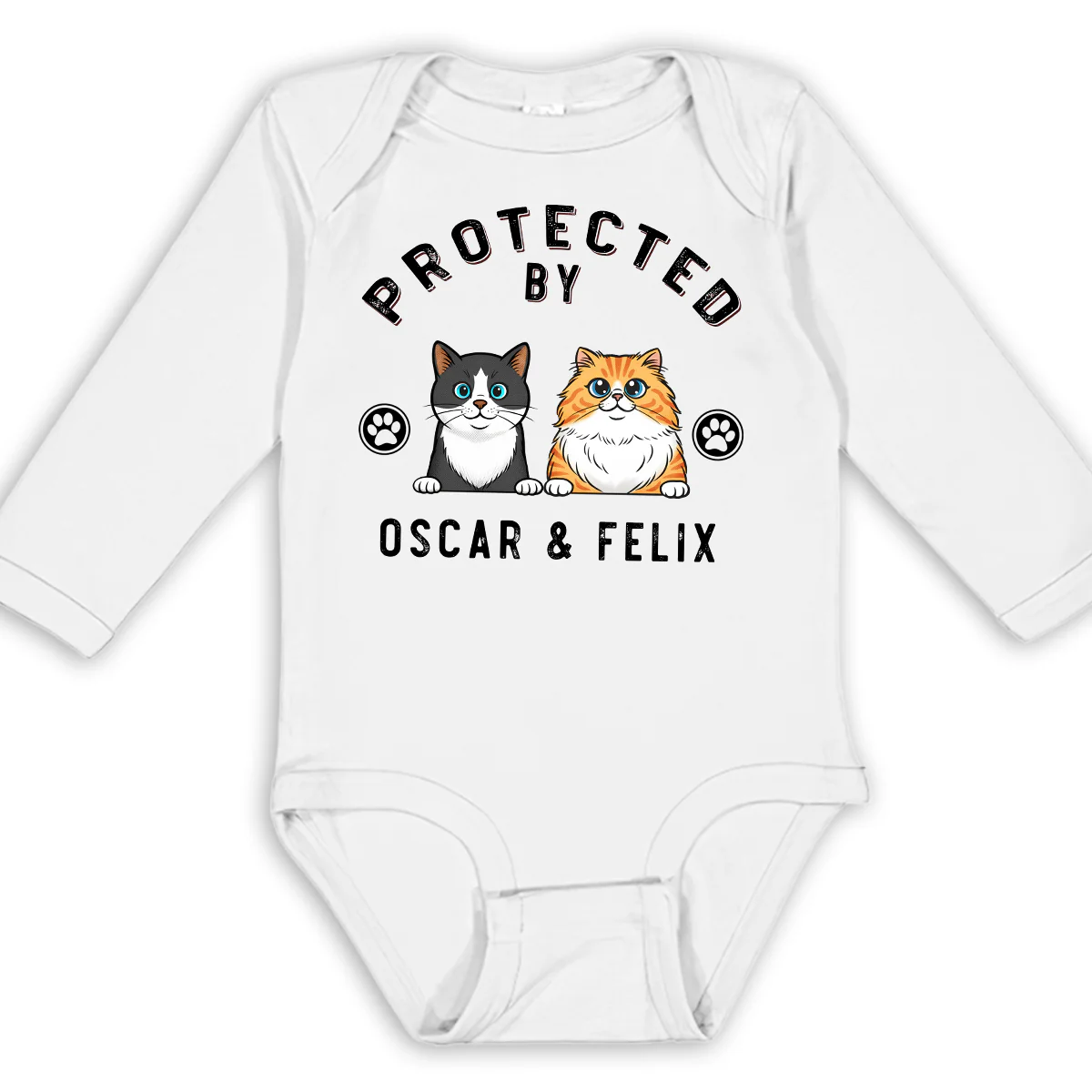 Protected By Cat Retro - Personalized Custom Long Sleeve Baby Onesie