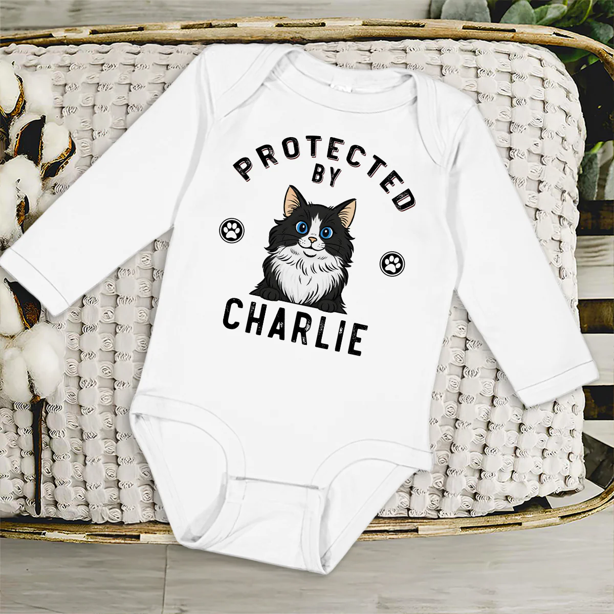 Protected By Cat Retro - Personalized Custom Long Sleeve Baby Onesie - Image 3