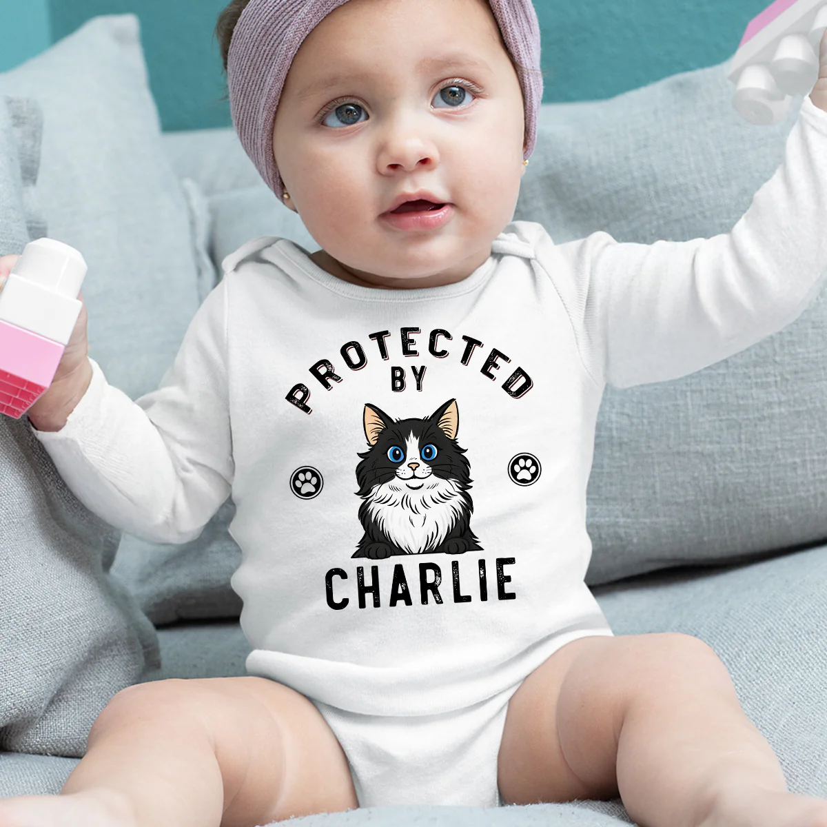 Protected By Cat Retro - Personalized Custom Long Sleeve Baby Onesie - Image 5