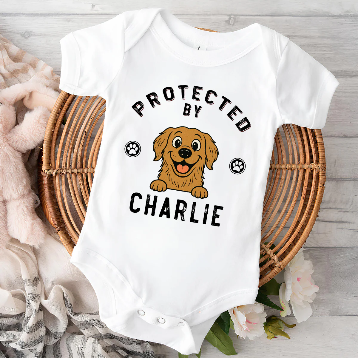 Protected By Dog Retro - Personalized Custom Baby Onesie - Image 2