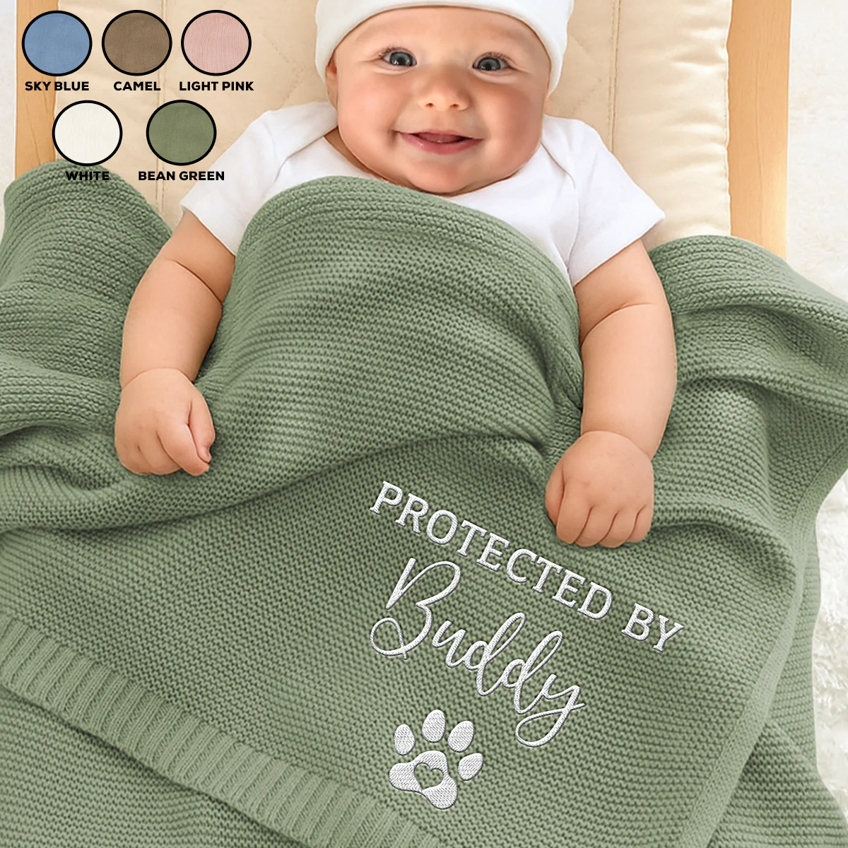 Protected By - Personalized Custom Embroidered Knitted Baby Blanket