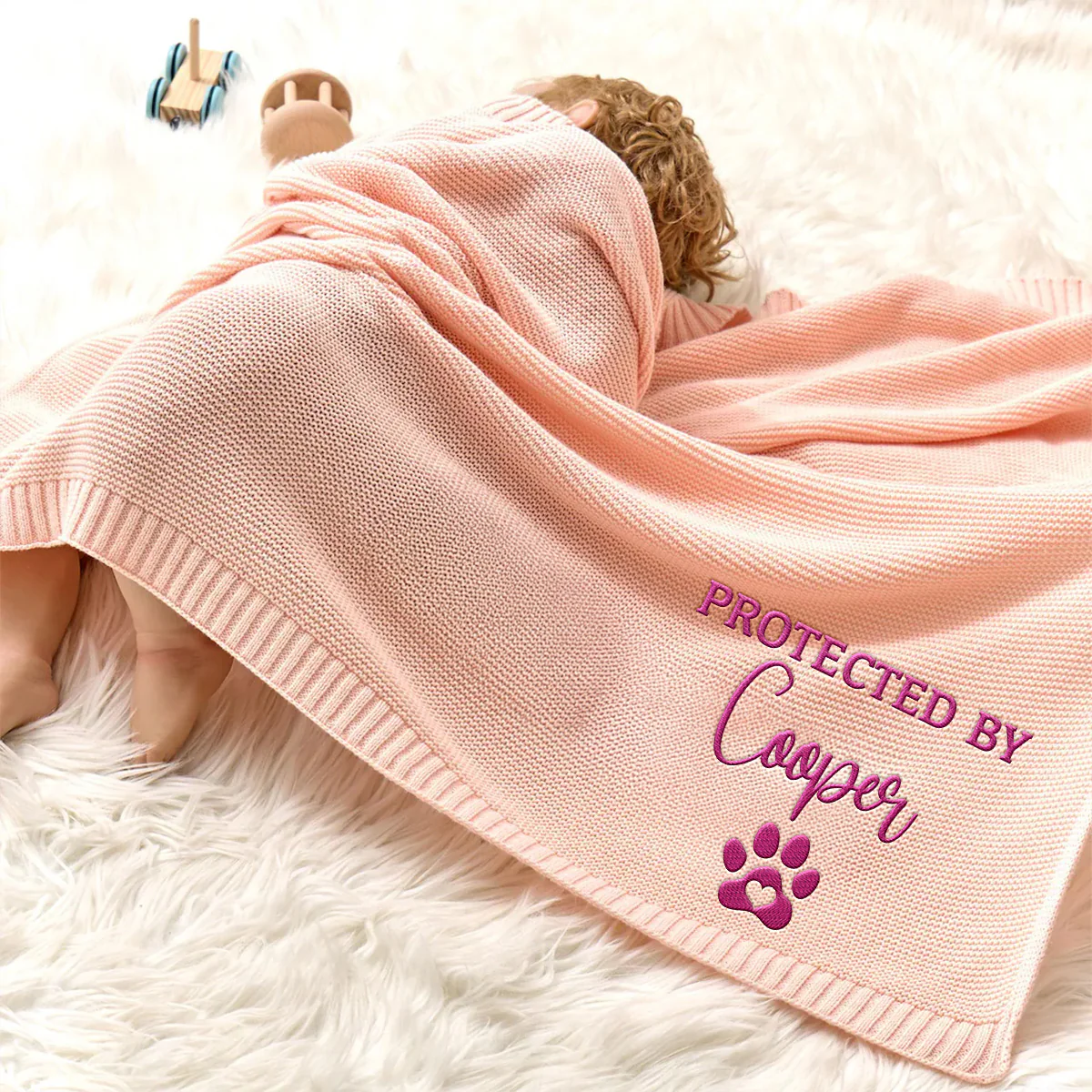 Protected By - Personalized Custom Embroidered Knitted Baby Blanket - Image 4