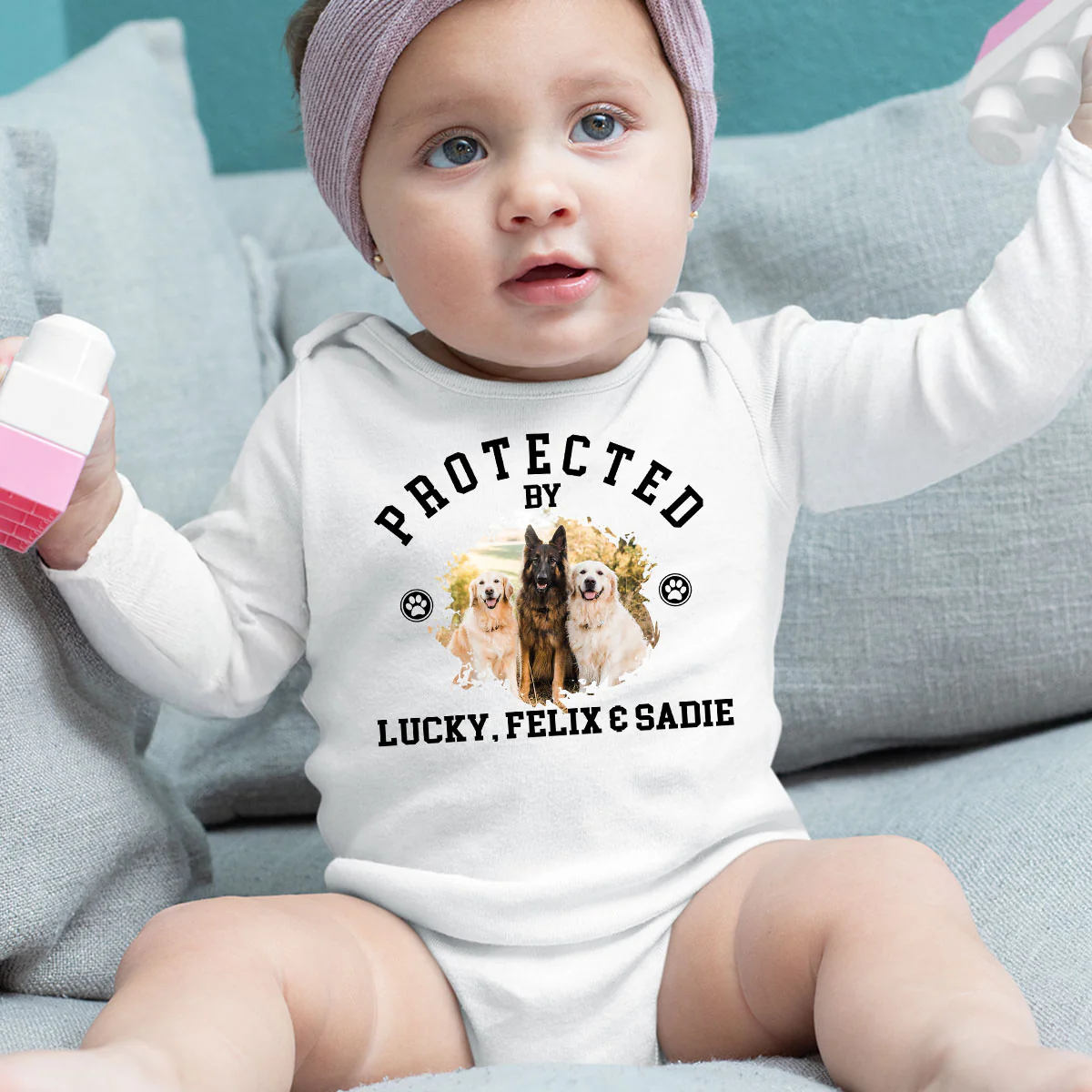 Protected By Photo - Personalized Custom Long Sleeve Baby Onesie - Image 5