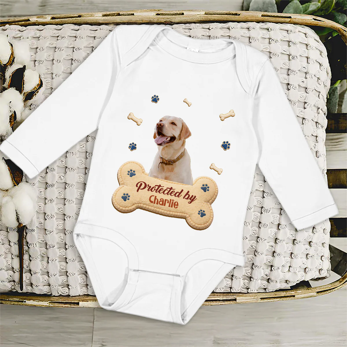 Protected By Stuffy Dog Photo - Personalized Custom Long Sleeve Baby Onesie - Image 4