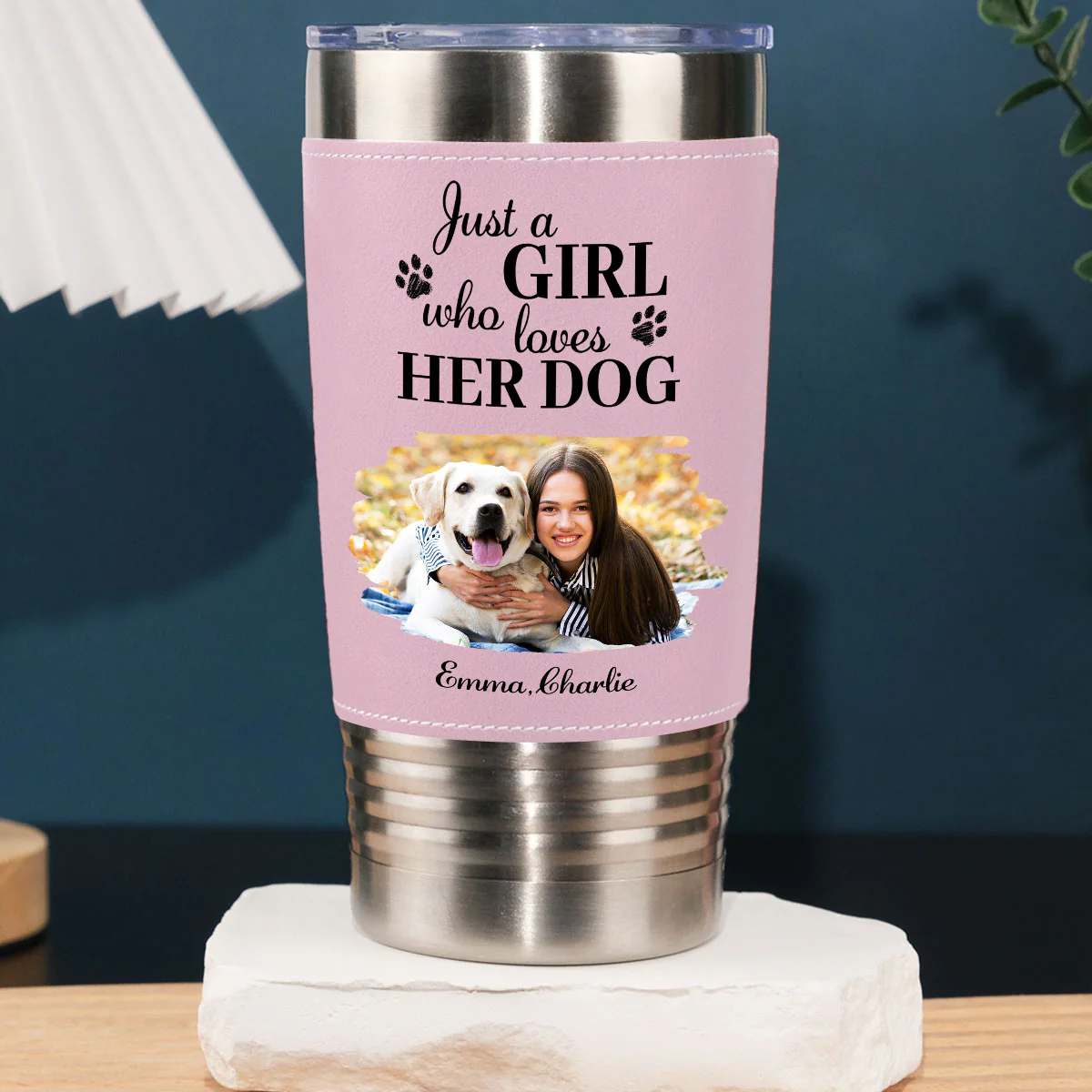 Pumskin Dog Autumn Photo - Personalized Custom Pink Leather Tumbler
