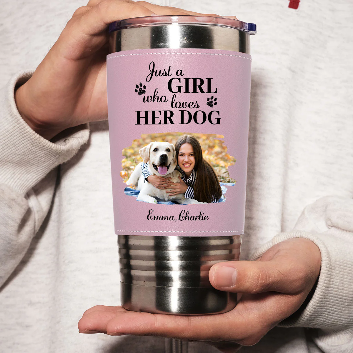 Pumskin Dog Autumn Photo - Personalized Custom Pink Leather Tumbler - Image 3