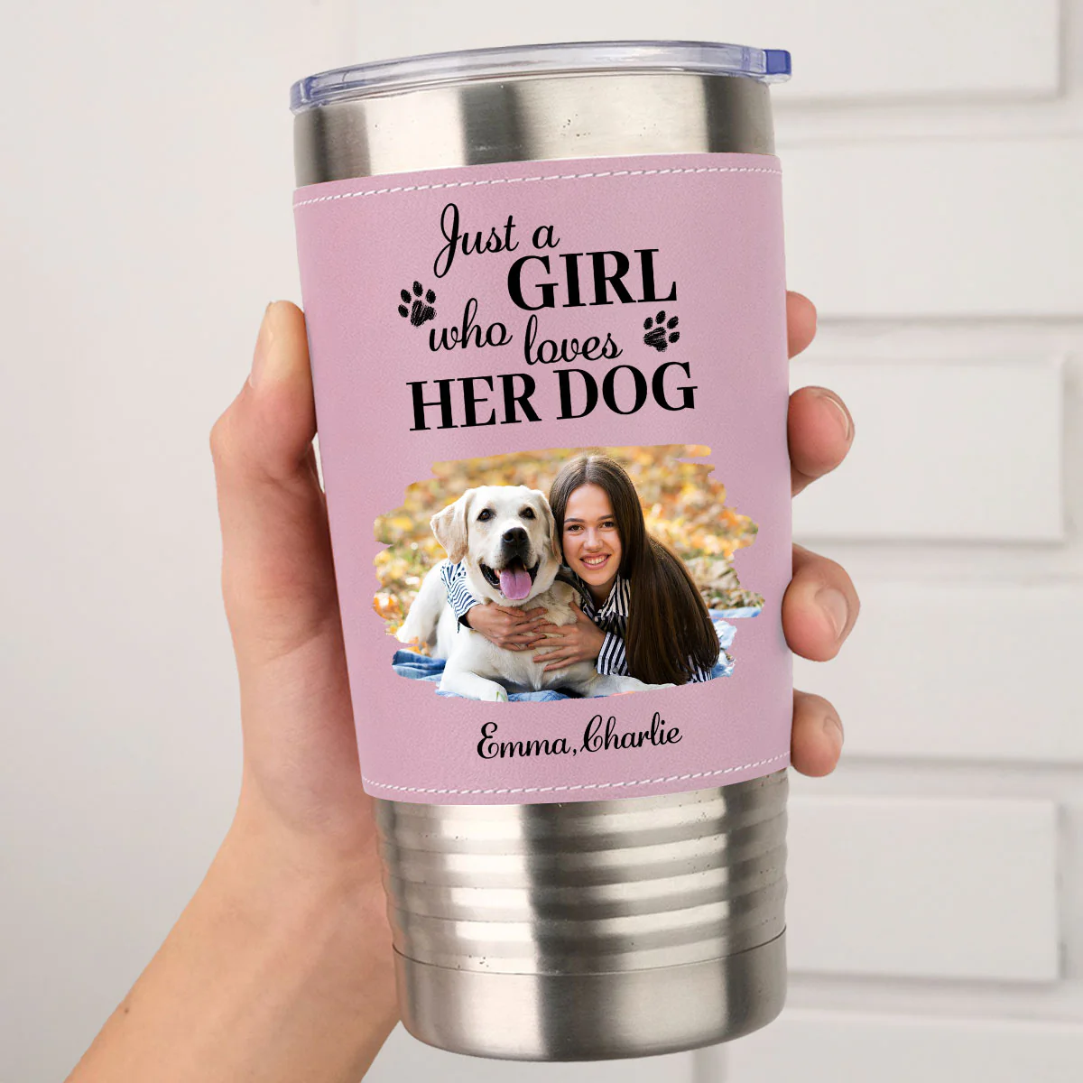 Pumskin Dog Autumn Photo - Personalized Custom Pink Leather Tumbler - Image 4