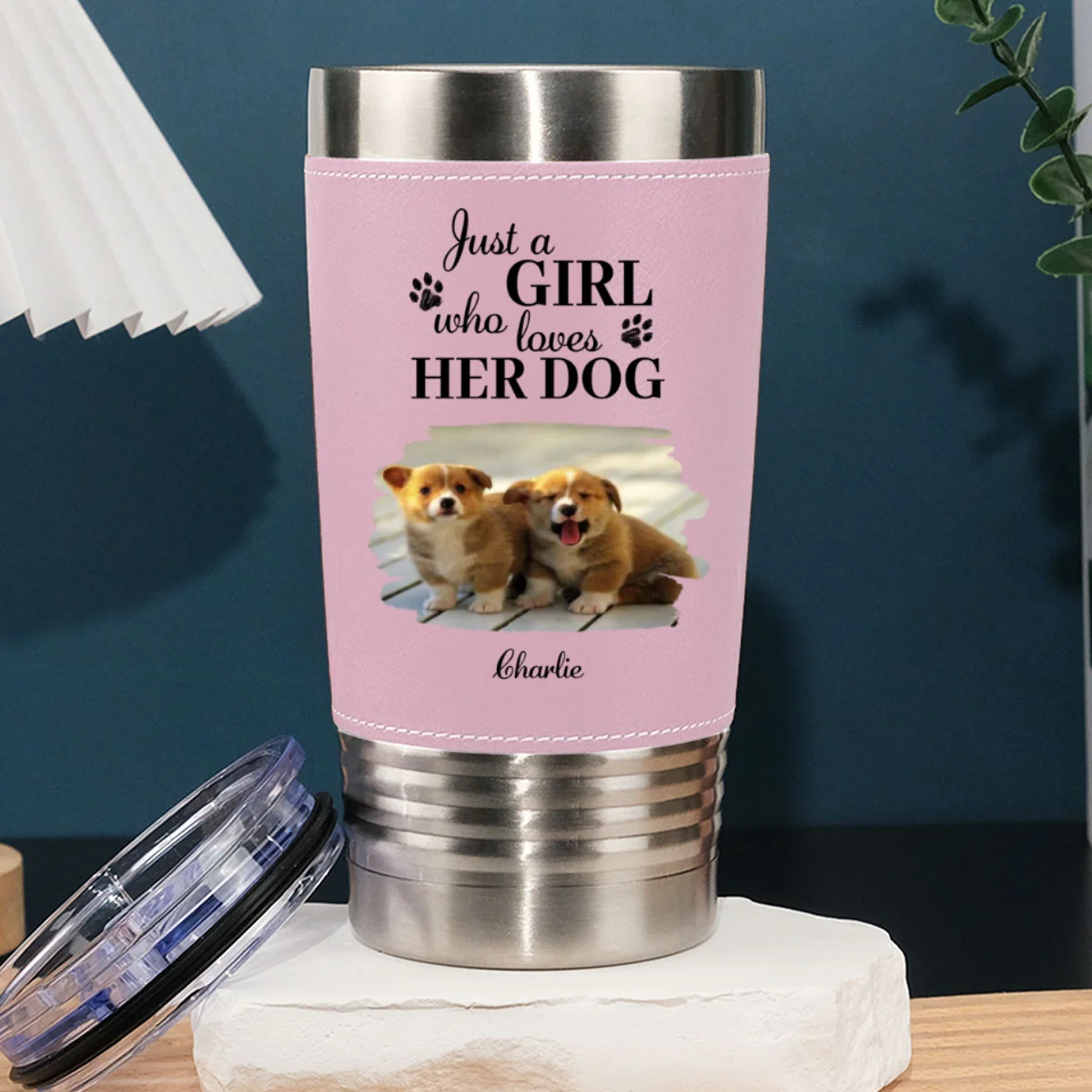Pumskin Dog Autumn Photo - Personalized Custom Pink Leather Tumbler - Image 6