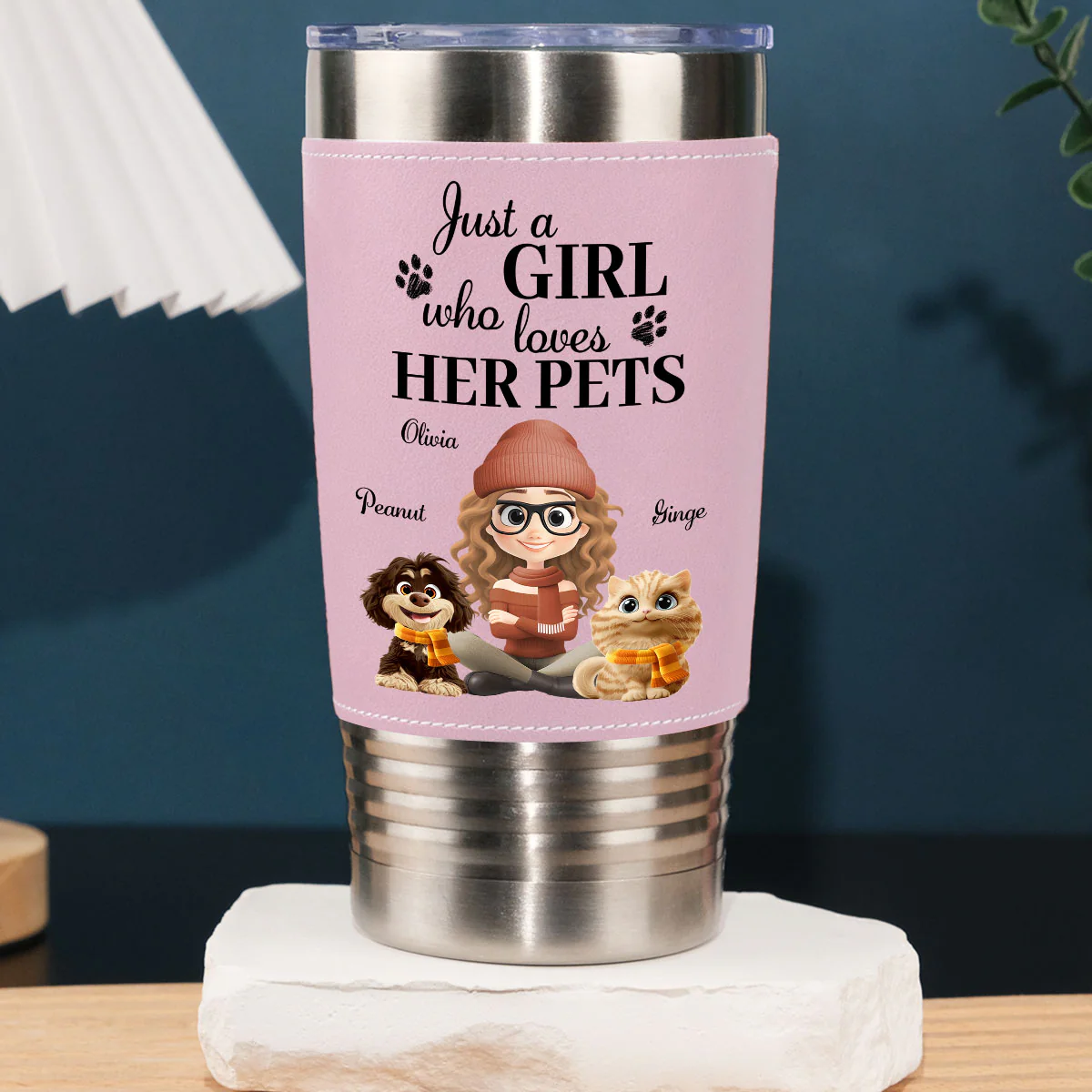 Pumskin Pet Autumn - Personalized Custom Pink Leather Tumbler