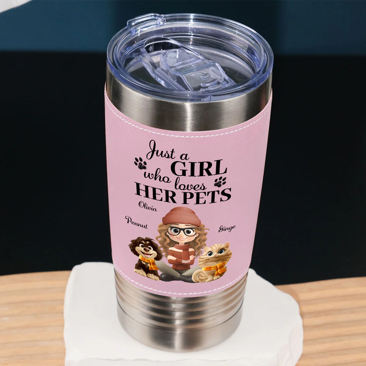 Pumskin Pet Autumn - Personalized Custom Pink Leather Tumbler - Image 2