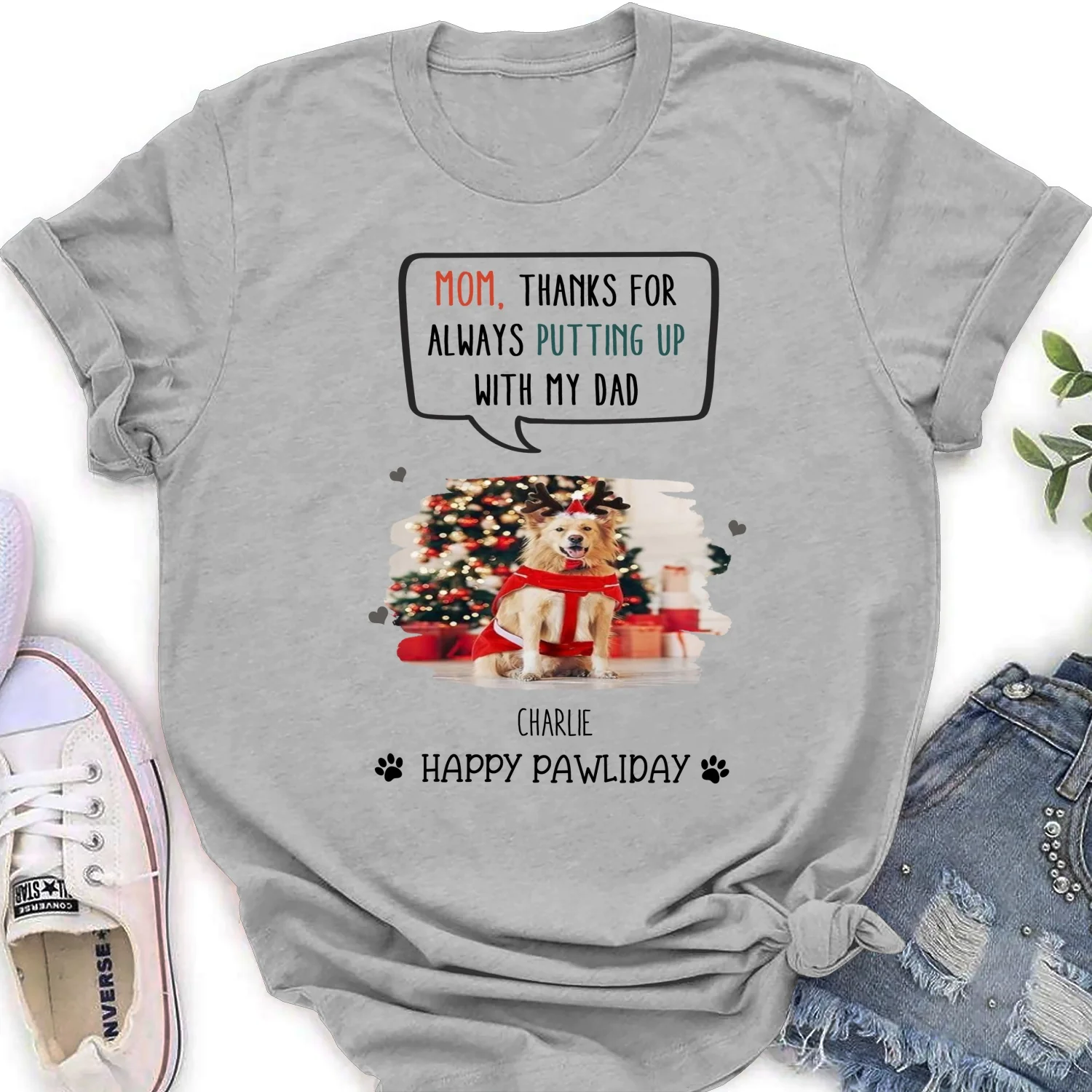Putting Up With Dad Mom In Christmas Photo - Personalized Custom Women's T-Shirt - Image 5