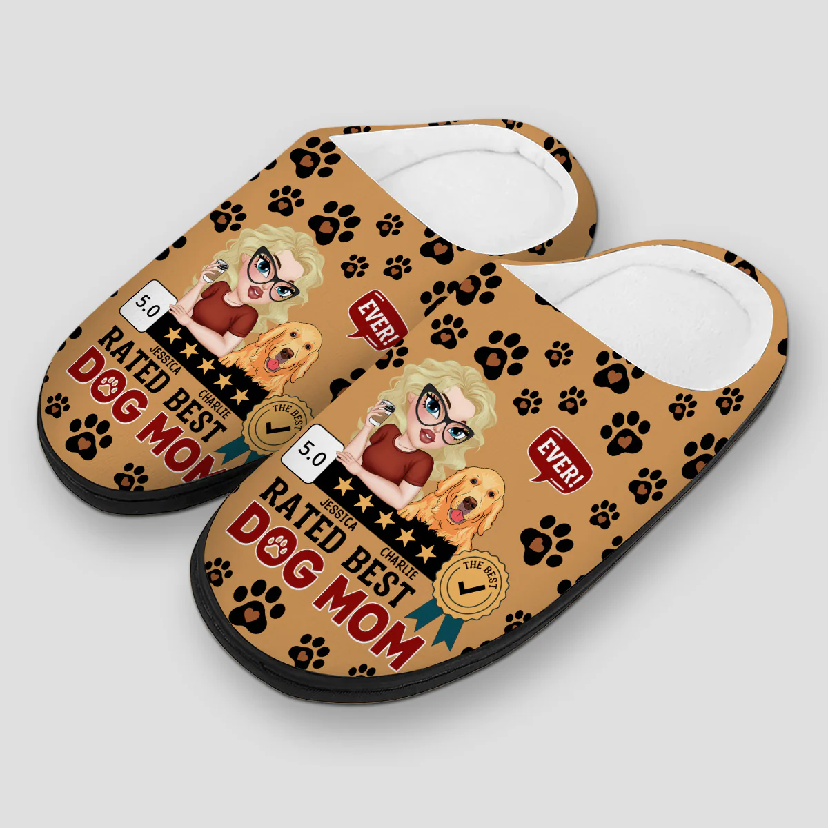 Rated Best Dog Mom Ever - Personalized Custom Plush Slippers - Image 3