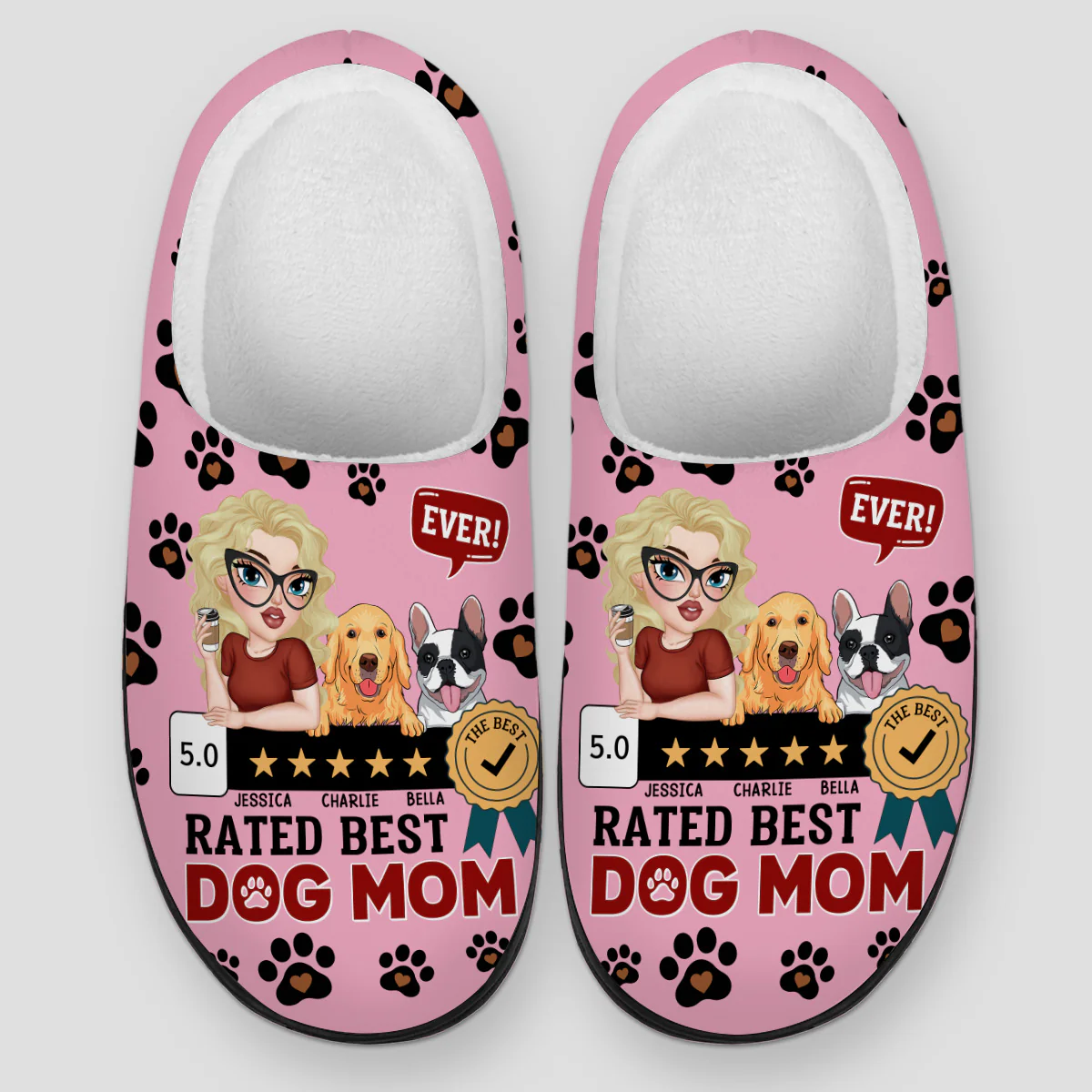Rated Best Dog Mom Ever - Personalized Custom Plush Slippers - Image 4