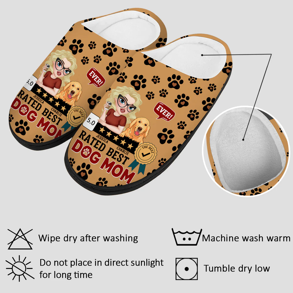 Rated Best Dog Mom Ever - Personalized Custom Plush Slippers - Image 5
