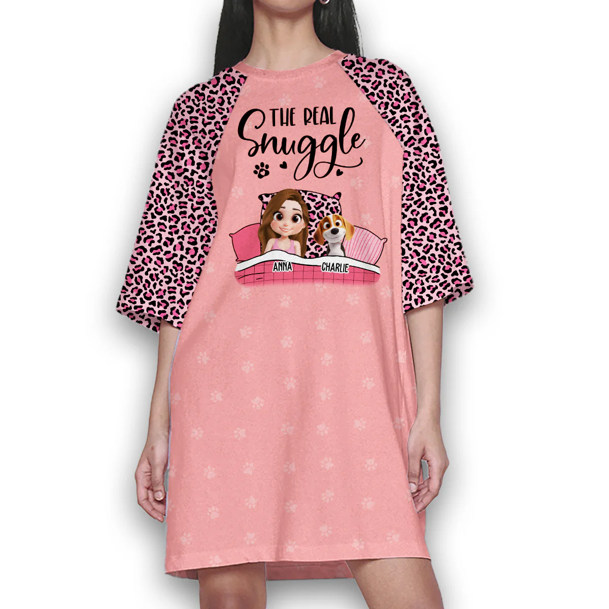 Real Snuggle Cartoon - Personalized Custom 3/4 Sleeve Dress