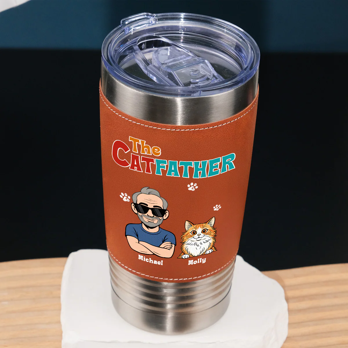 Retro Cat Father - Personalized Custom Leather Tumbler - Image 2