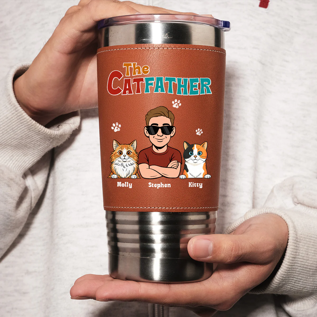 Retro Cat Father - Personalized Custom Leather Tumbler - Image 4