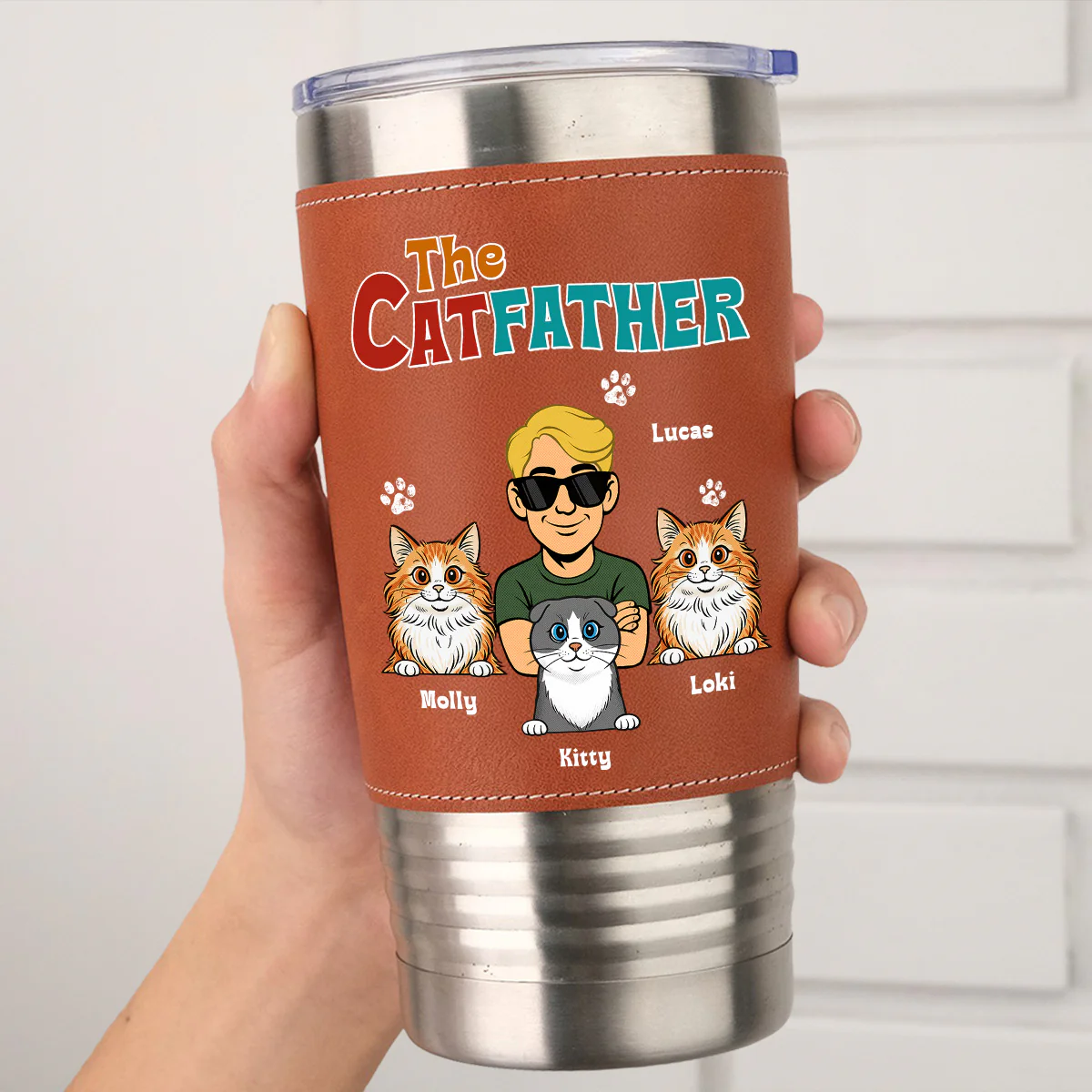 Retro Cat Father - Personalized Custom Leather Tumbler - Image 5