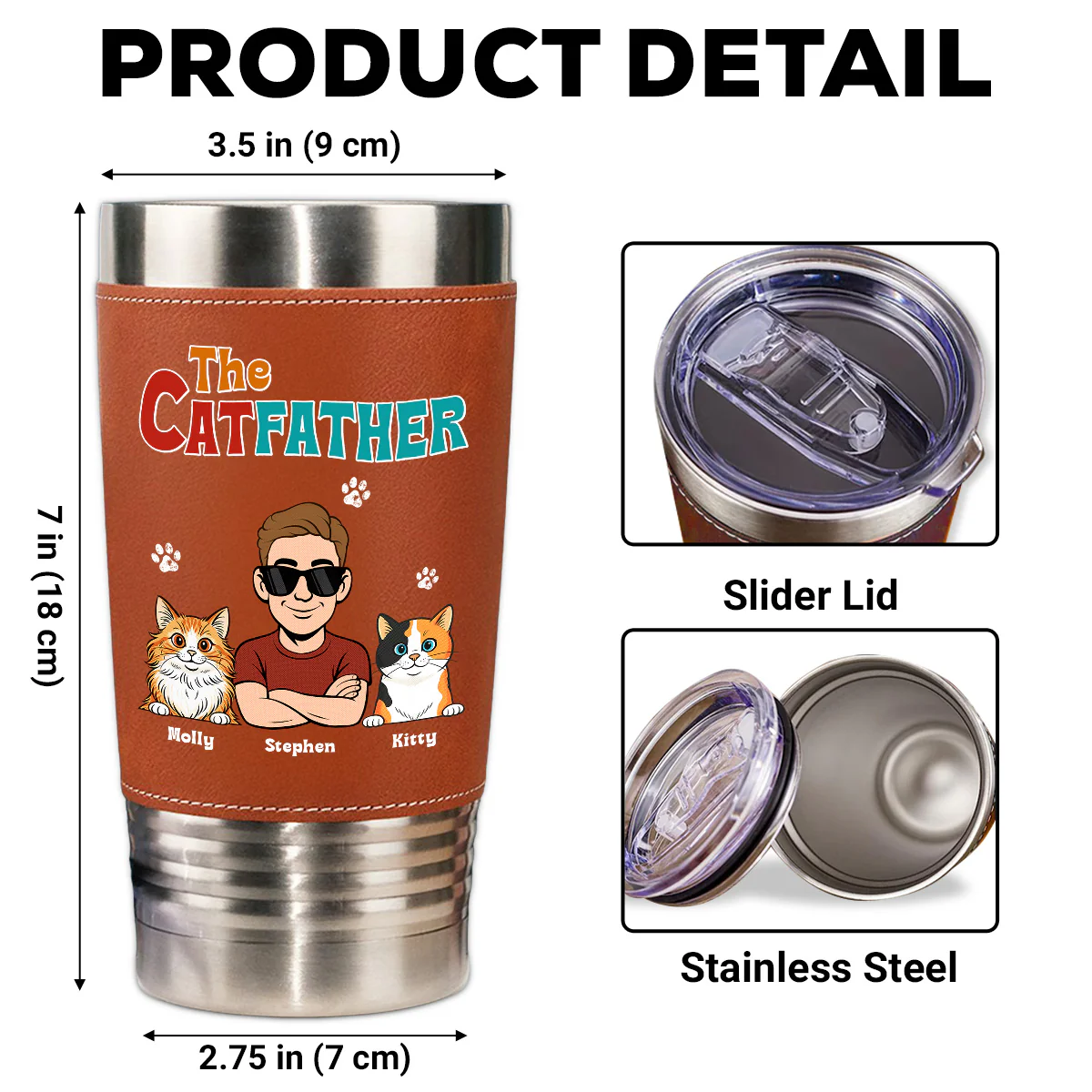 Retro Cat Father - Personalized Custom Leather Tumbler - Image 7