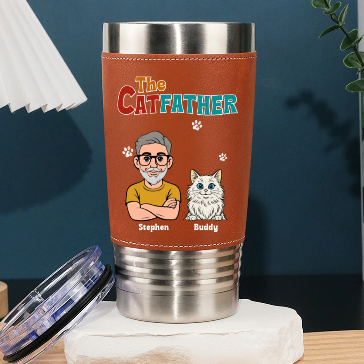 Retro Cat Father - Personalized Custom Leather Tumbler - Image 8