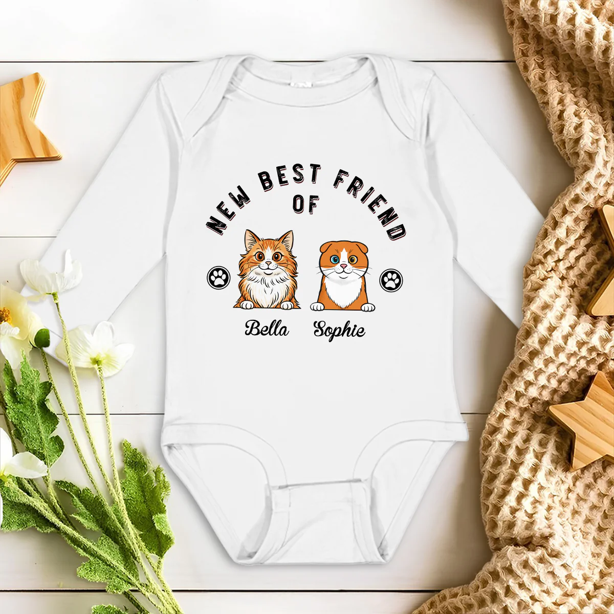 Retro Cat Friend - Personalized Custom Long Sleeve Baby Onesie - Image 2
