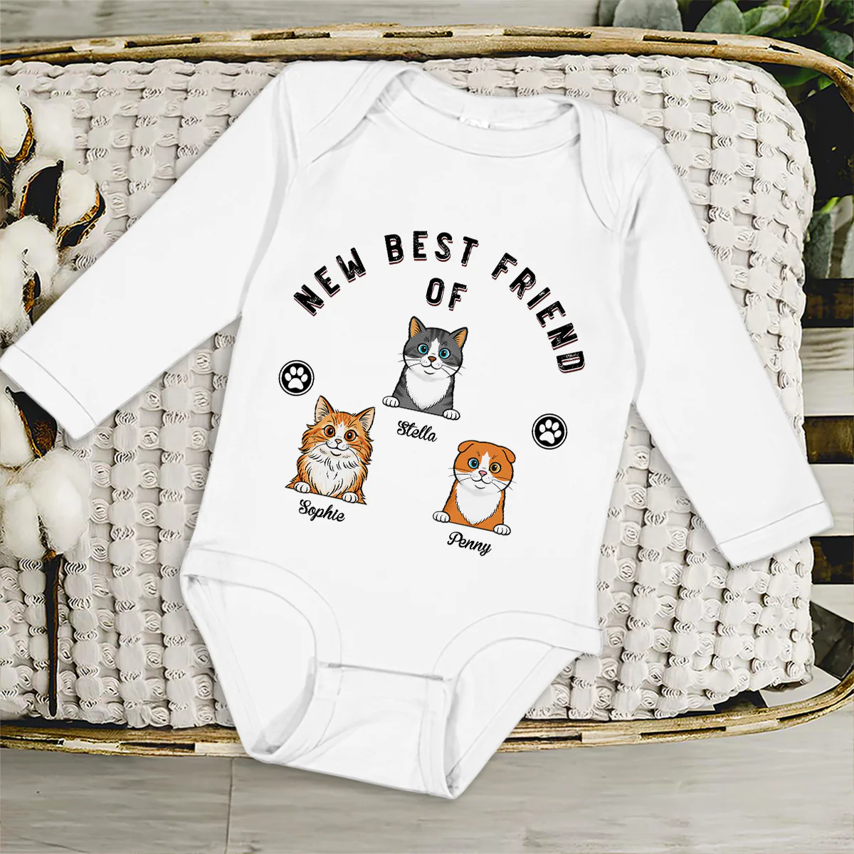 Retro Cat Friend - Personalized Custom Long Sleeve Baby Onesie - Image 3