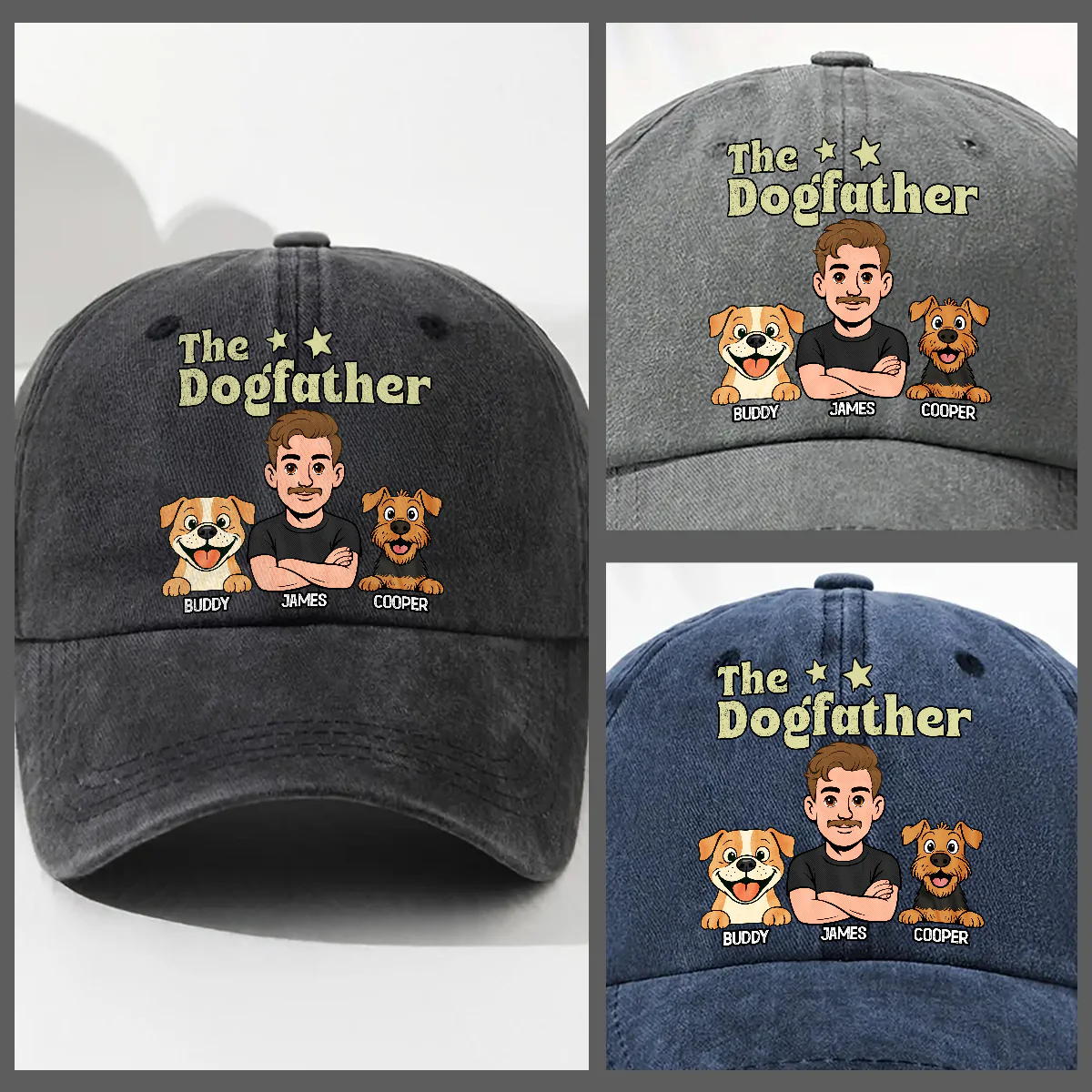 Retro Cool Dog Father - Personalized Custom Vintage Washed Denim Cap - Image 3