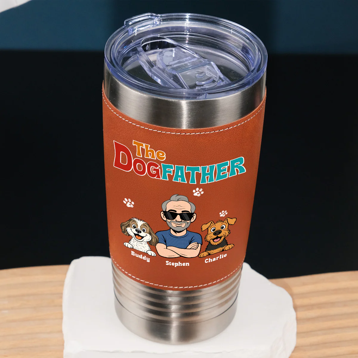 Retro Dog Father - Personalized Custom Leather Tumbler - Image 2