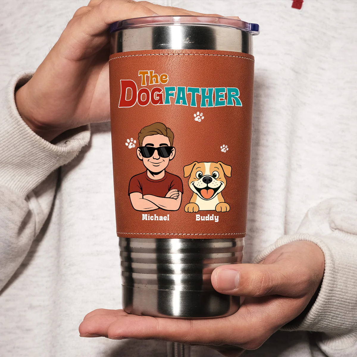 Retro Dog Father - Personalized Custom Leather Tumbler - Image 4