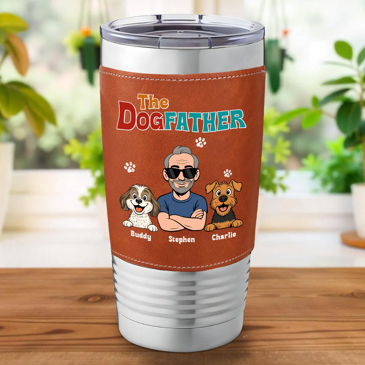 Retro Dog Father - Personalized Custom Leather Tumbler - Image 6