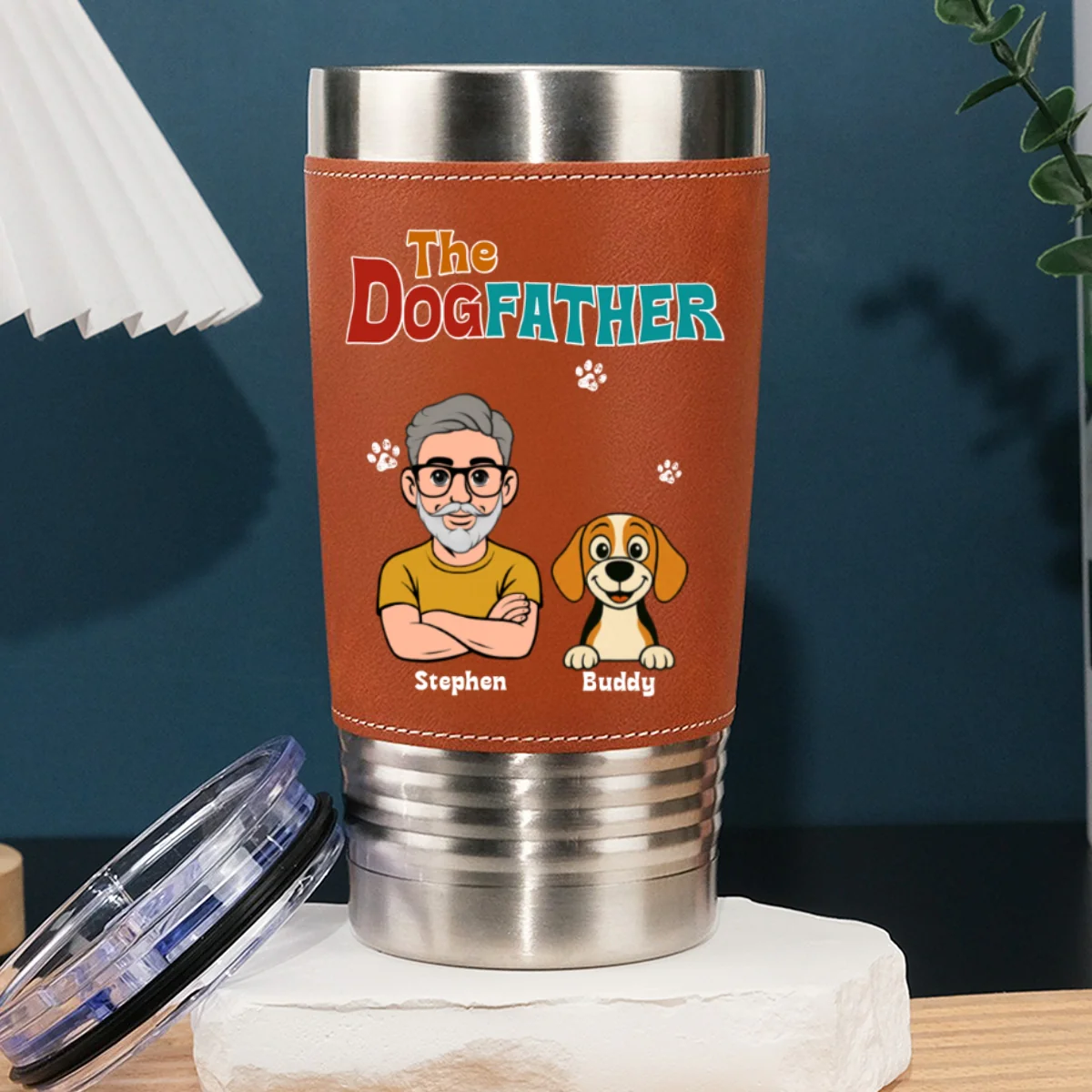 Retro Dog Father - Personalized Custom Leather Tumbler - Image 7