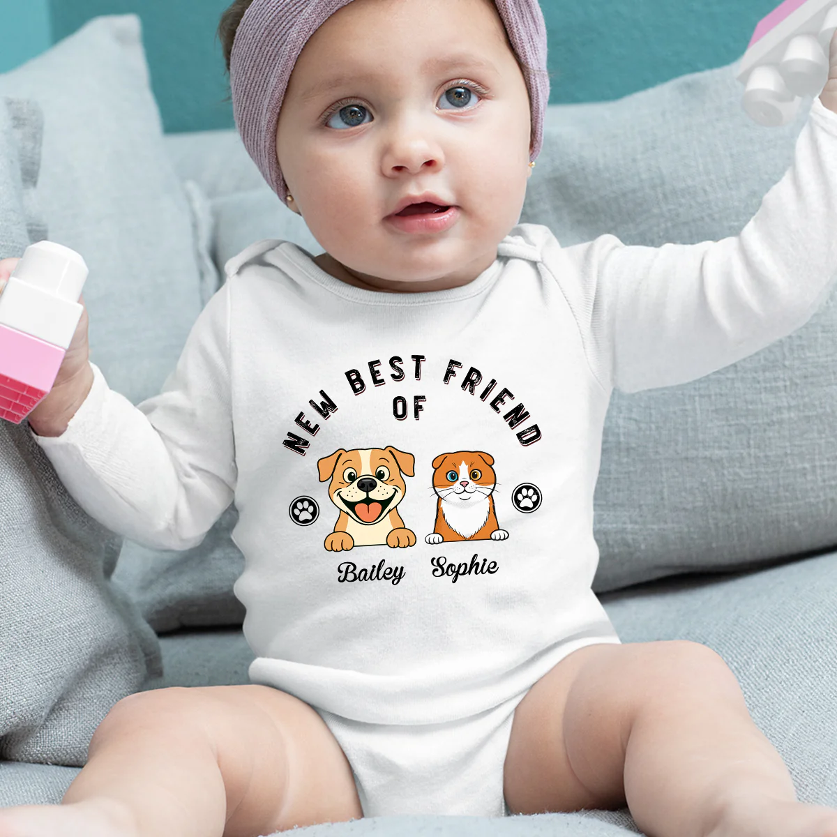 Retro Pet Friend - Personalized Custom Long Sleeve Baby Onesie - Image 4