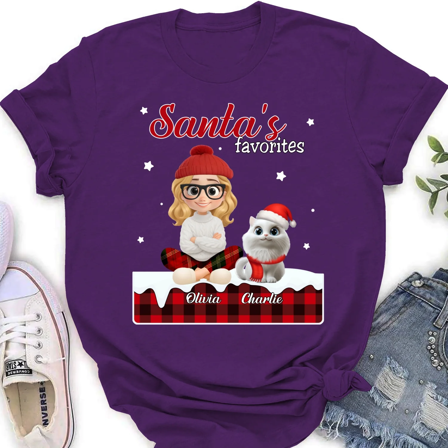 Santa Loves You So Do Cats - Personalized Custom Women's T-shirt - Image 10