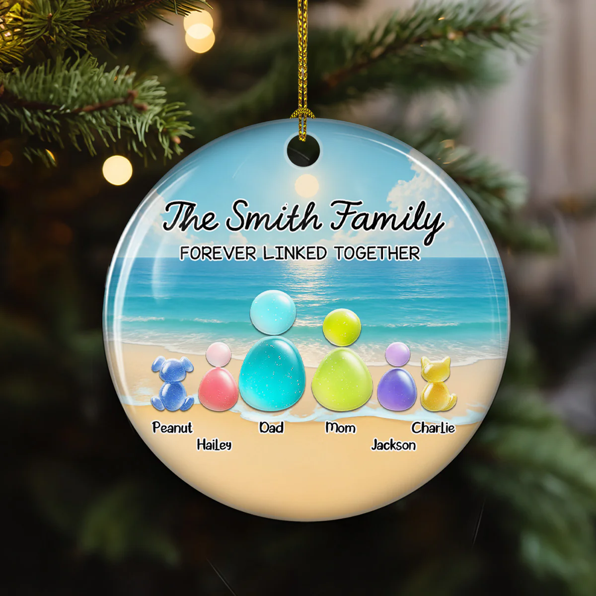 Sea Glass Family With Pet - Personalized Custom 3D Inflated Effect Ceramic Ornament