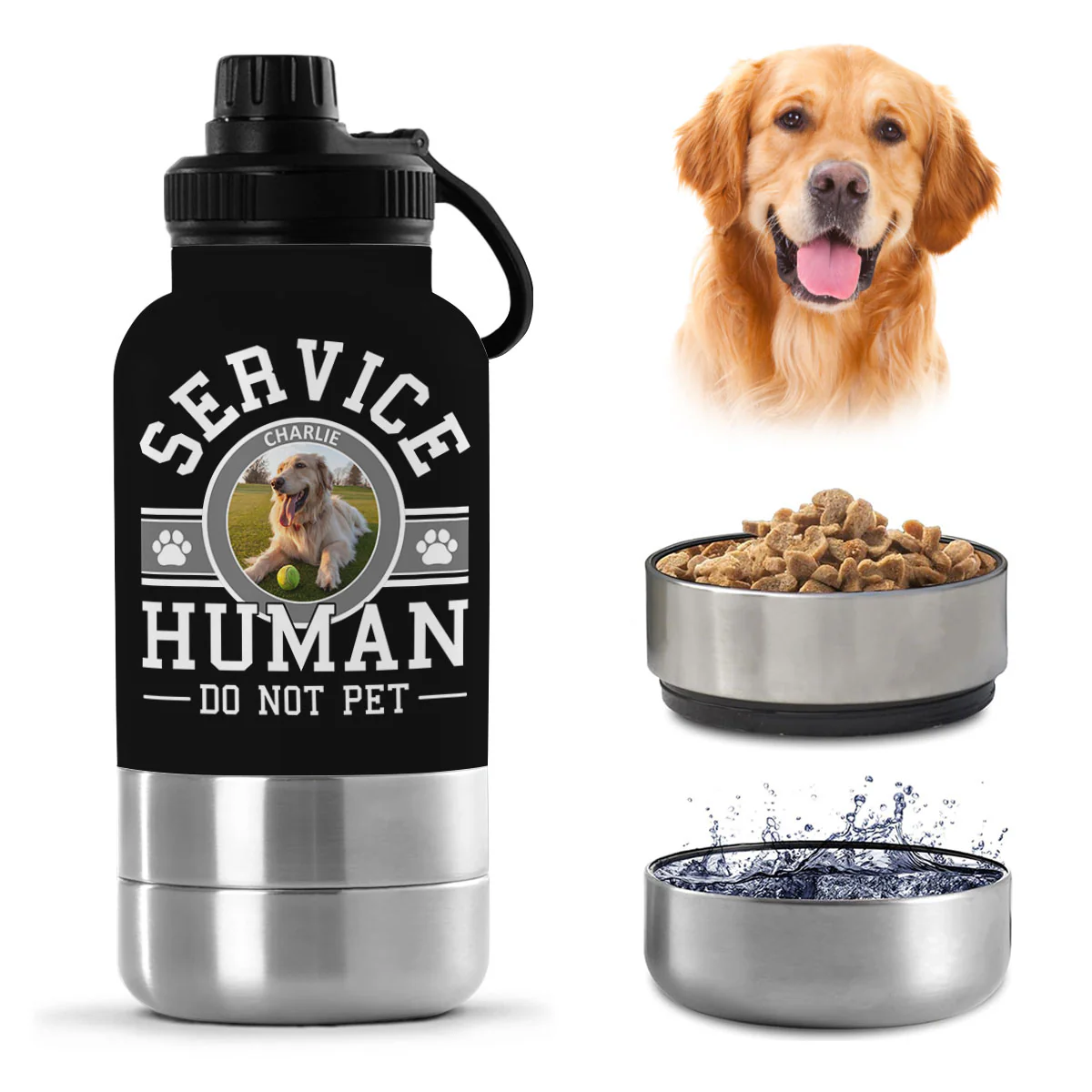 Service Human Cartoon Photo - Personalized Custom 30oz Water Bottle With Pet Bowl