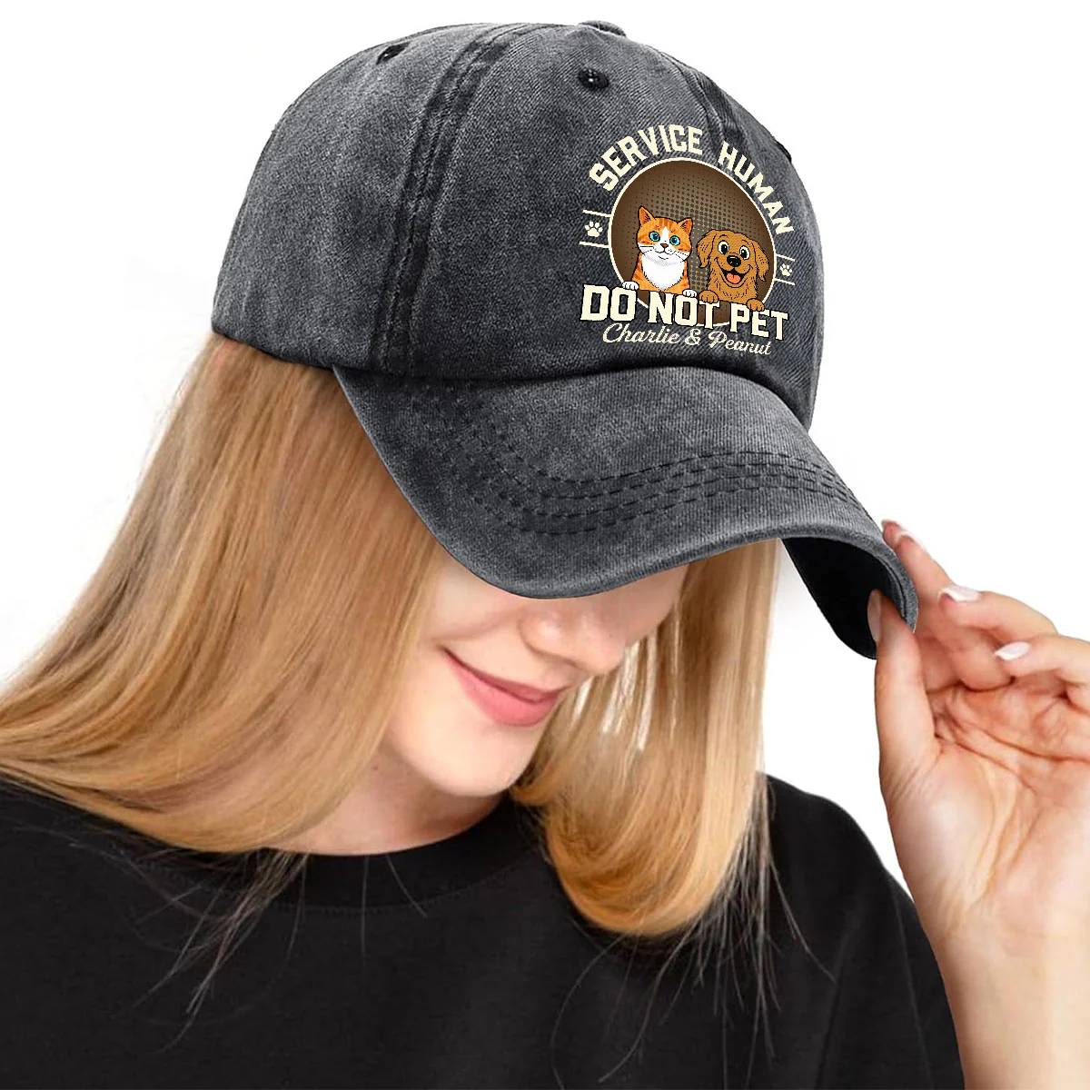 Service Human Pet Logo - Personalized Custom Vintage Washed Denim Cap - Image 3