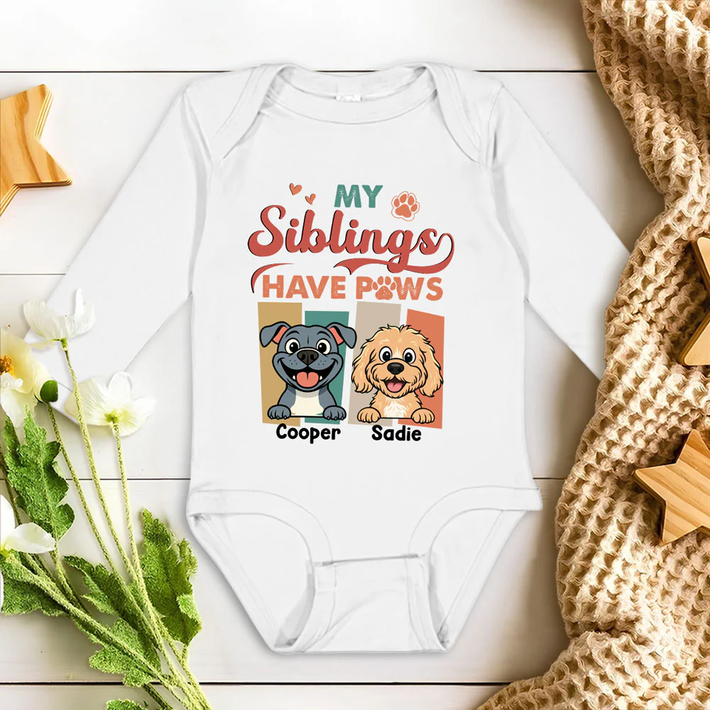 Siblings With Dogs - Personalized Custom Long Sleeve Baby Onesie - Image 2