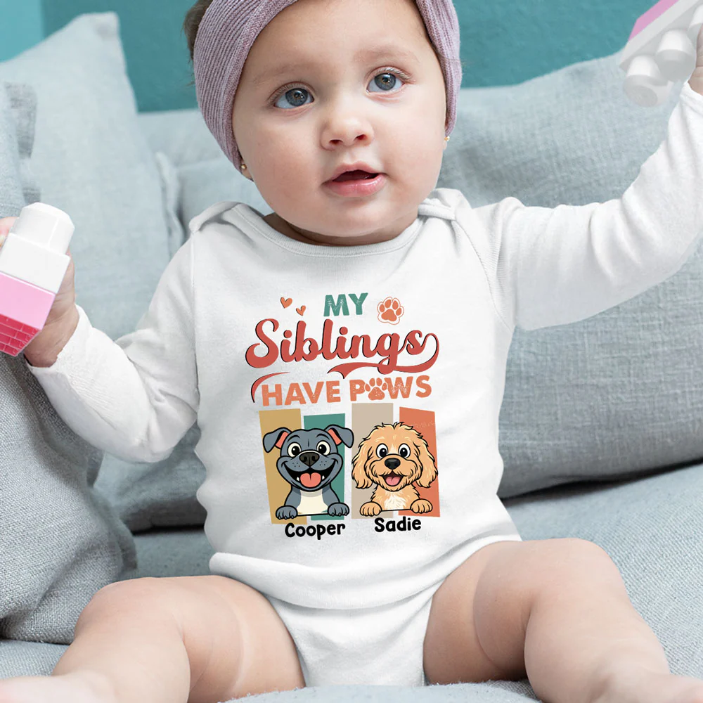 Siblings With Dogs - Personalized Custom Long Sleeve Baby Onesie - Image 5