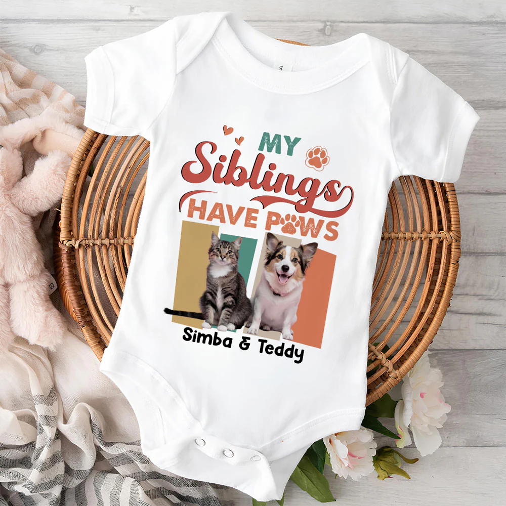Siblings With Paws Photo - Personalized Custom Baby Onesie - Image 2
