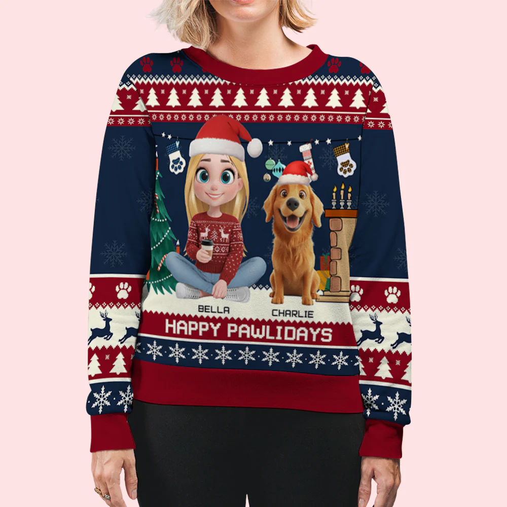 Snowy Pawlidays Cartoon - Personalized Custom All-Over-Print Sweatshirt - Image 5