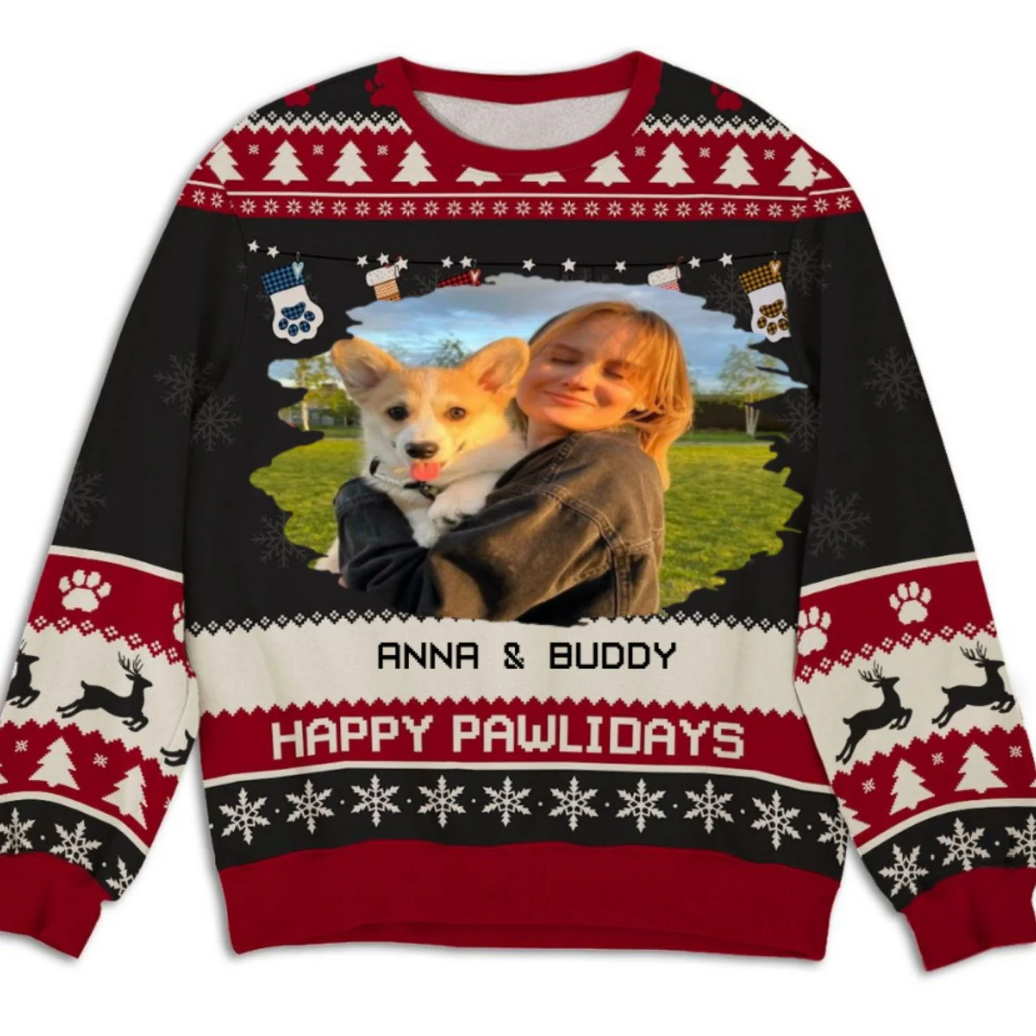 Snowy Pawlidays Cartoon Photo - Personalized Custom All-Over-Print Sweatshirt - Image 2