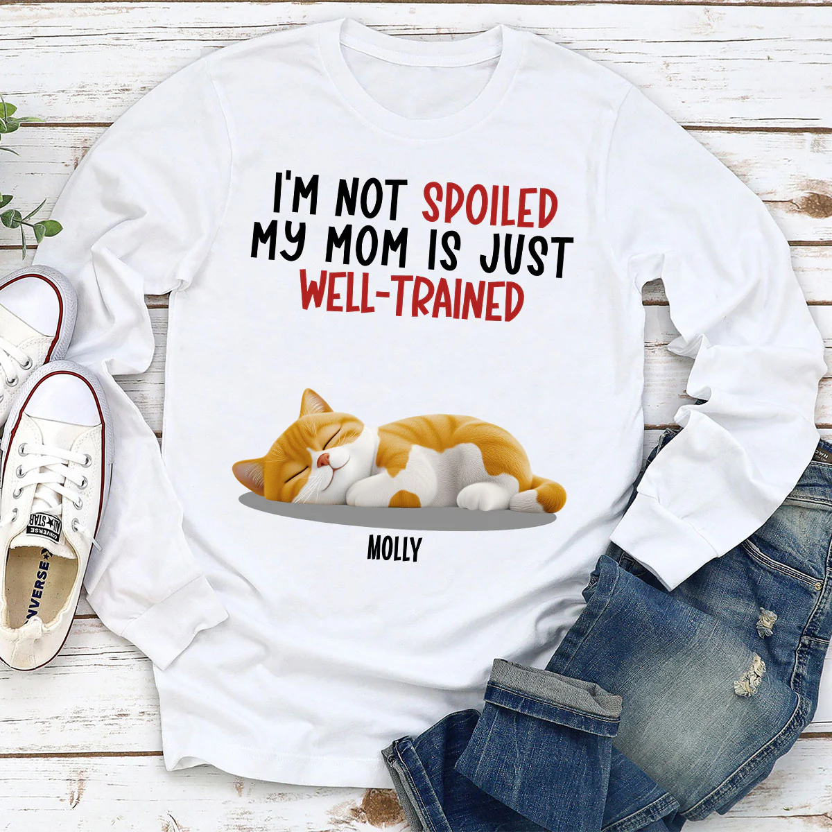 Spoiled Cat And Well Trained Dad Mom Cartoon - Personalized Custom Long Sleeve T-shirt - Image 2