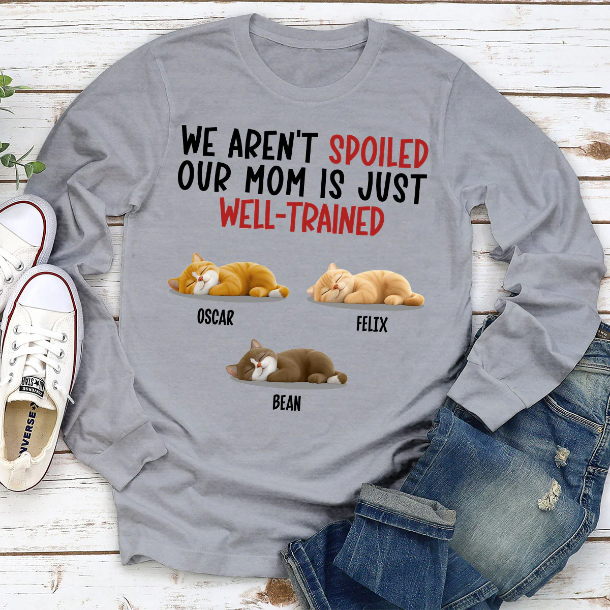 Spoiled Cat And Well Trained Dad Mom Cartoon - Personalized Custom Long Sleeve T-shirt - Image 3