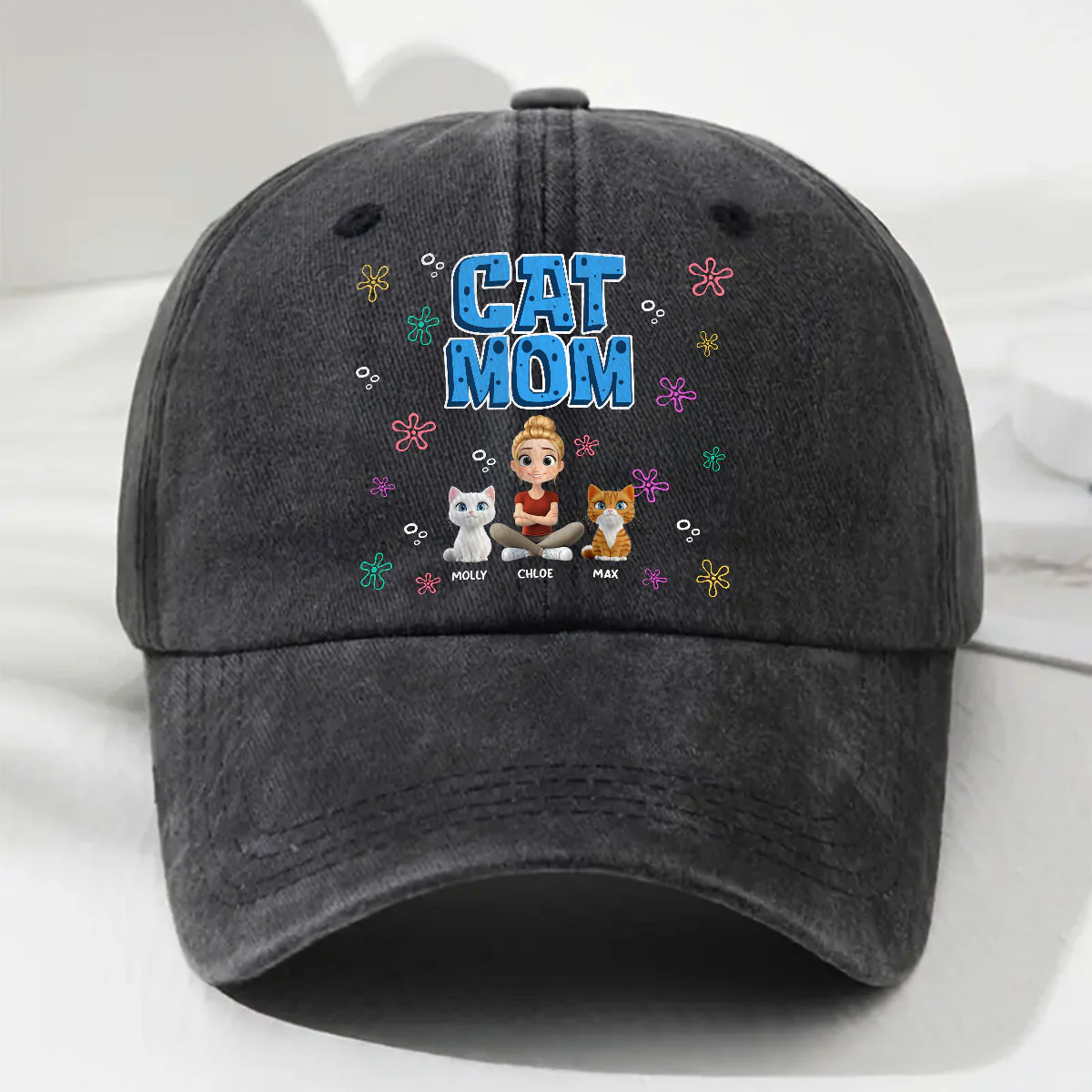 Sponge Cat Mom - Personalized Custom Vintage Washed Denim Cap