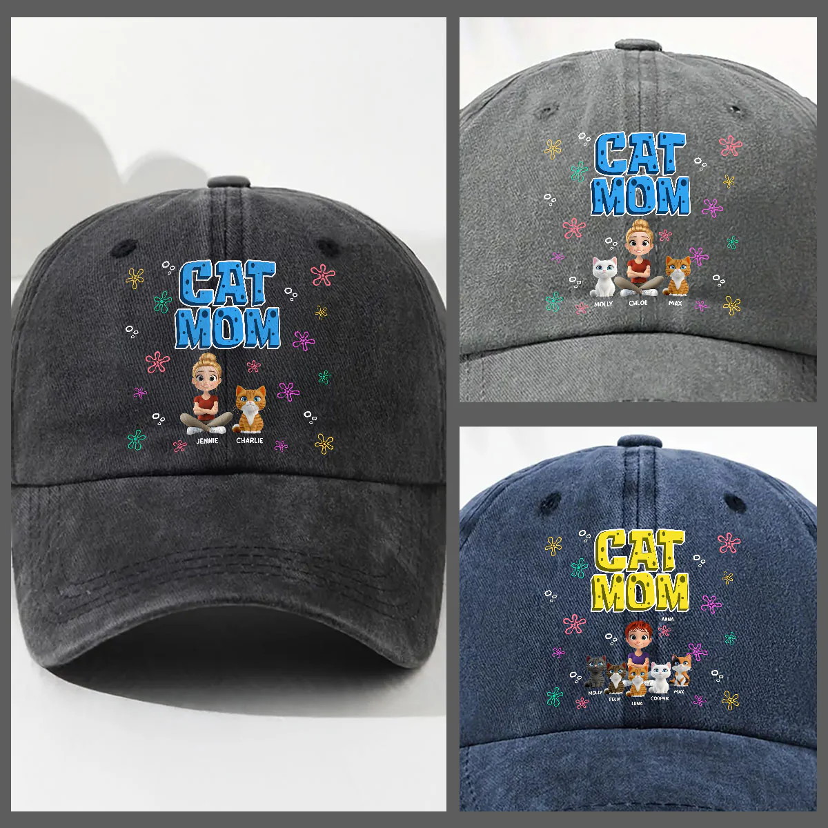 Sponge Cat Mom - Personalized Custom Vintage Washed Denim Cap - Image 4