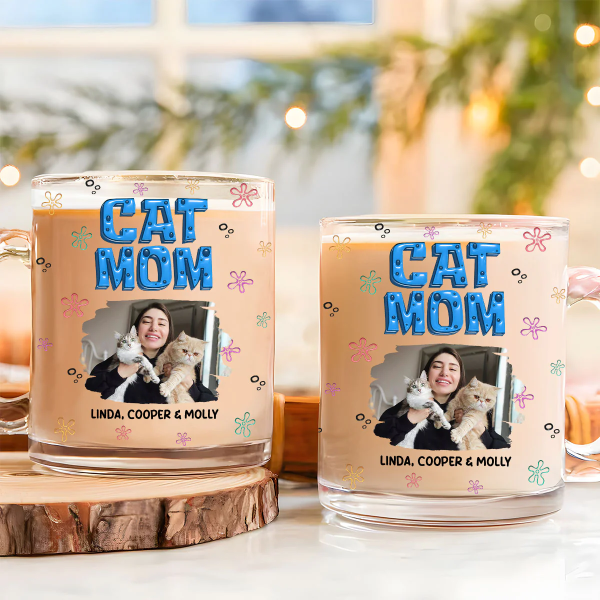 Sponge Cat Mom Photo - Personalized Custom 3D Inflated Effect Glass Mug - Image 2